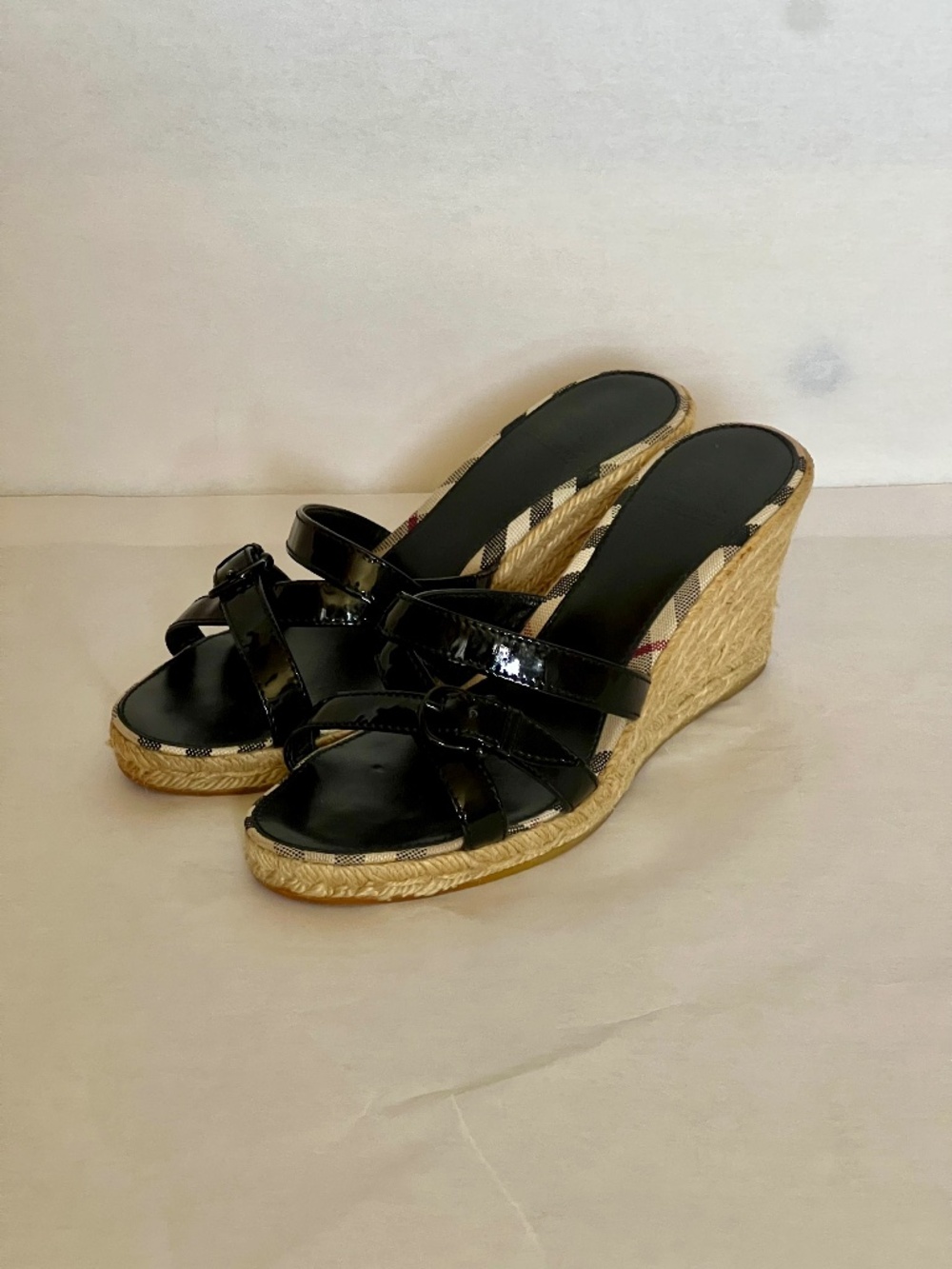 Burberry Black Patent Leather Buckle Wedge